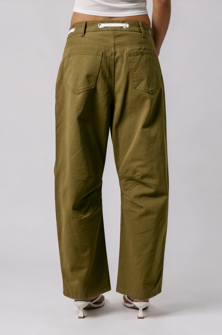 Olive barrel-leg cotton pants with relaxed cropped fit