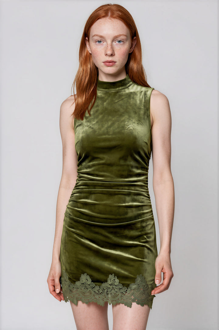 Olive velvet bodycon mini dress with ruched side detail