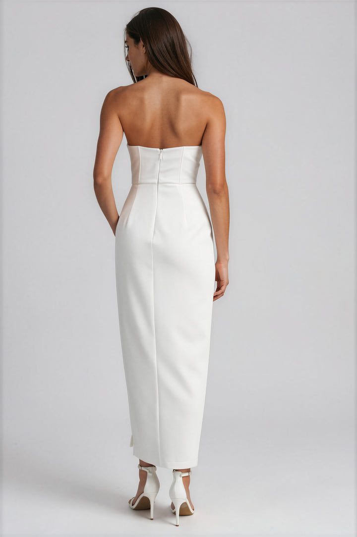 Off-white strapless lace maxi dress with plunge V-wire neckline and side slit