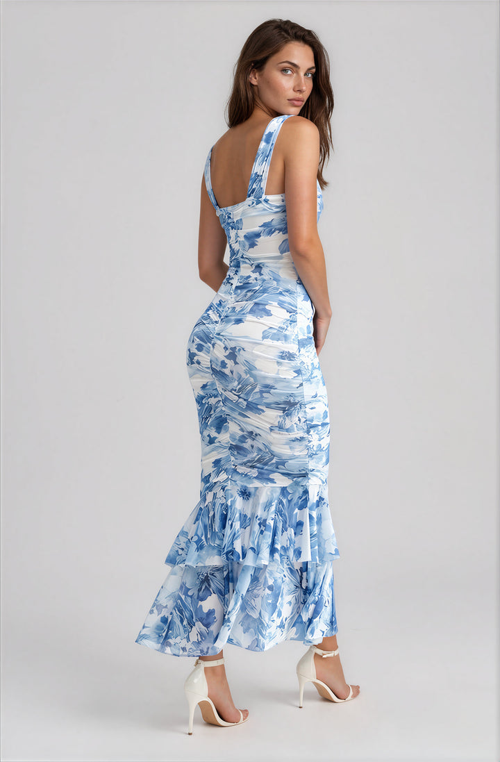 Blue and White Floral Ruched Mesh Maxi Dress