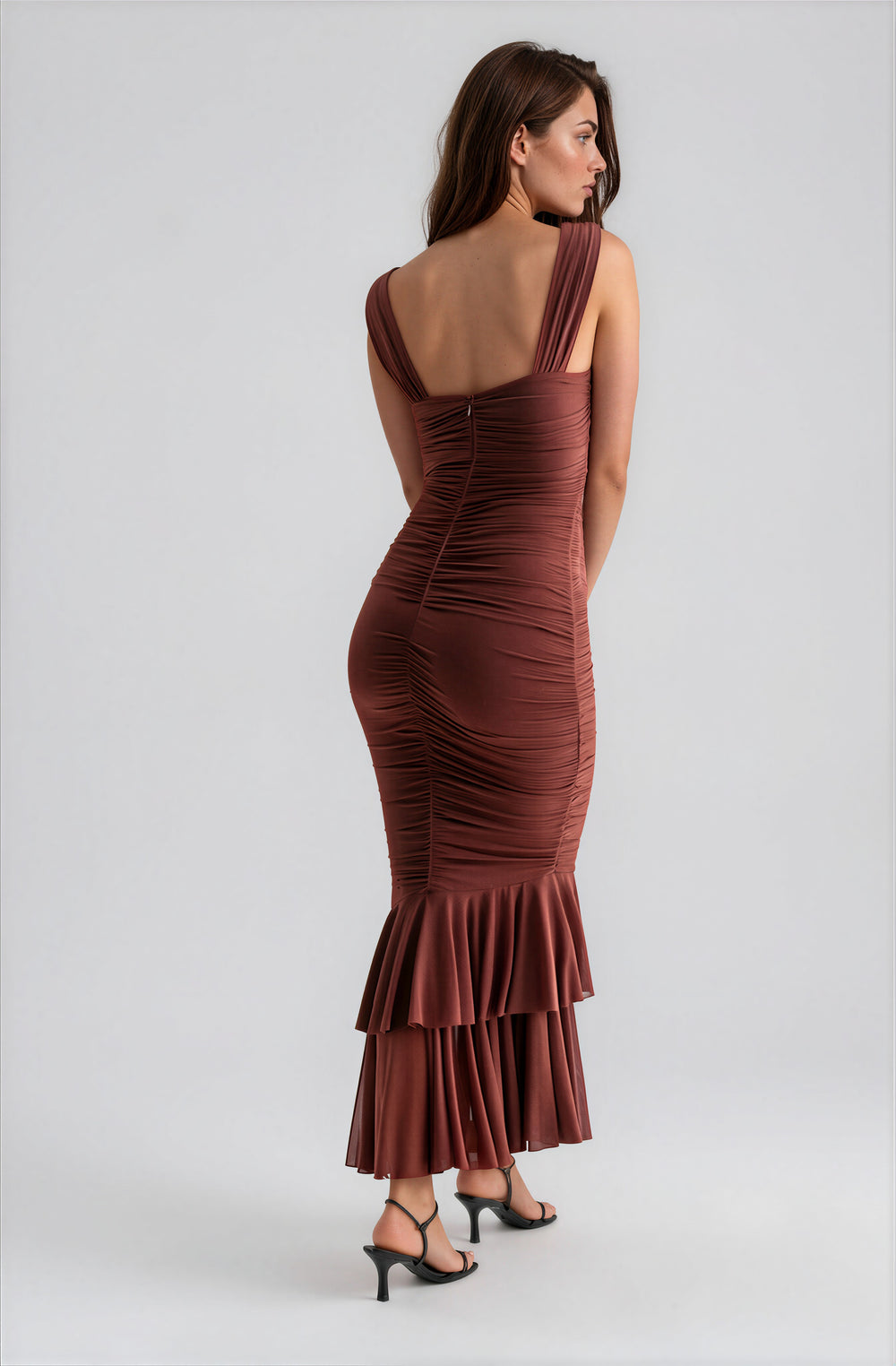 brown mesh maxi dress with ruched bodice and mermaid skirt