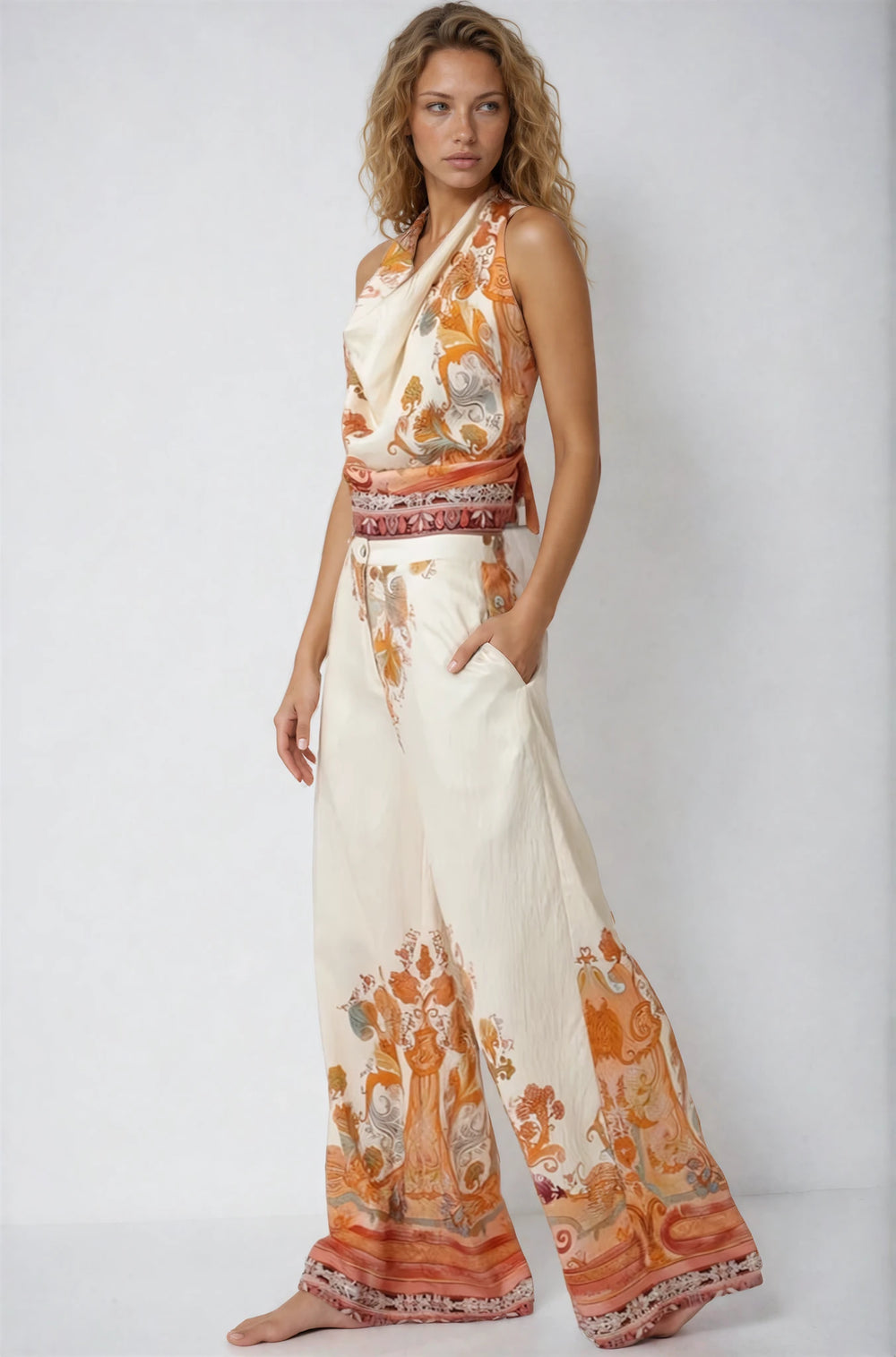 Woman wearing a sleeveless top and wide-leg pants with orange and white pattern on a plain background
