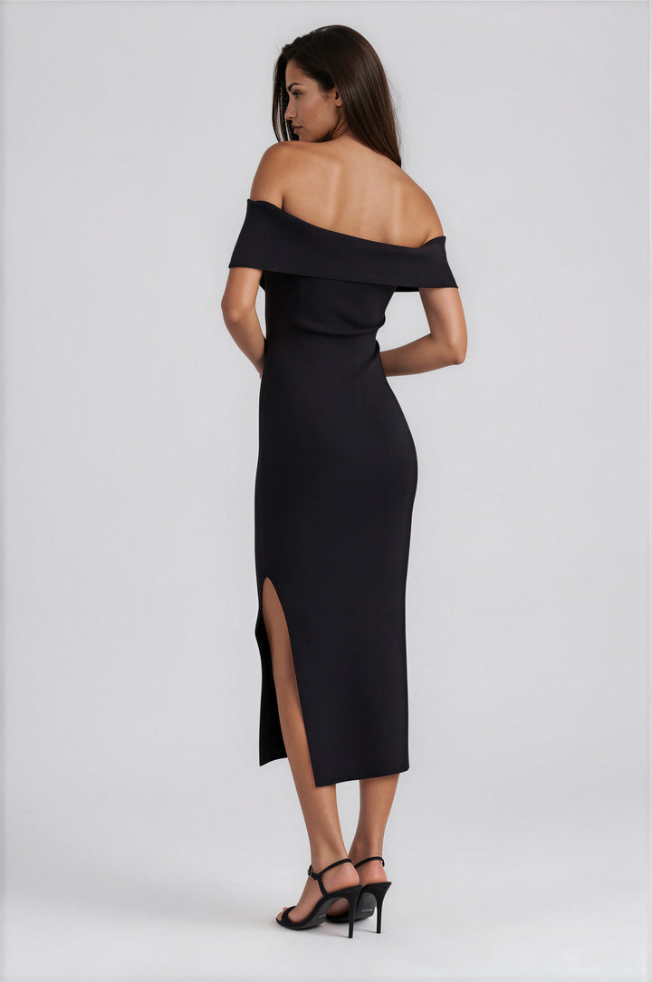 Black off-shoulder bow midi dress with bodycon fit and side slit