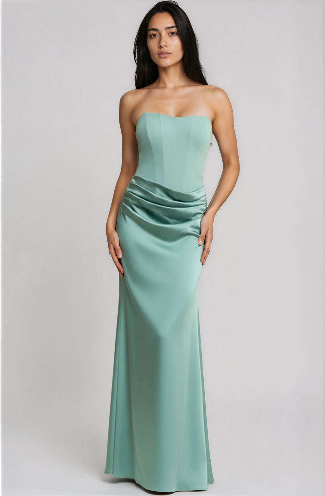 mint green strapless gown with fitted bodice and satin skirt