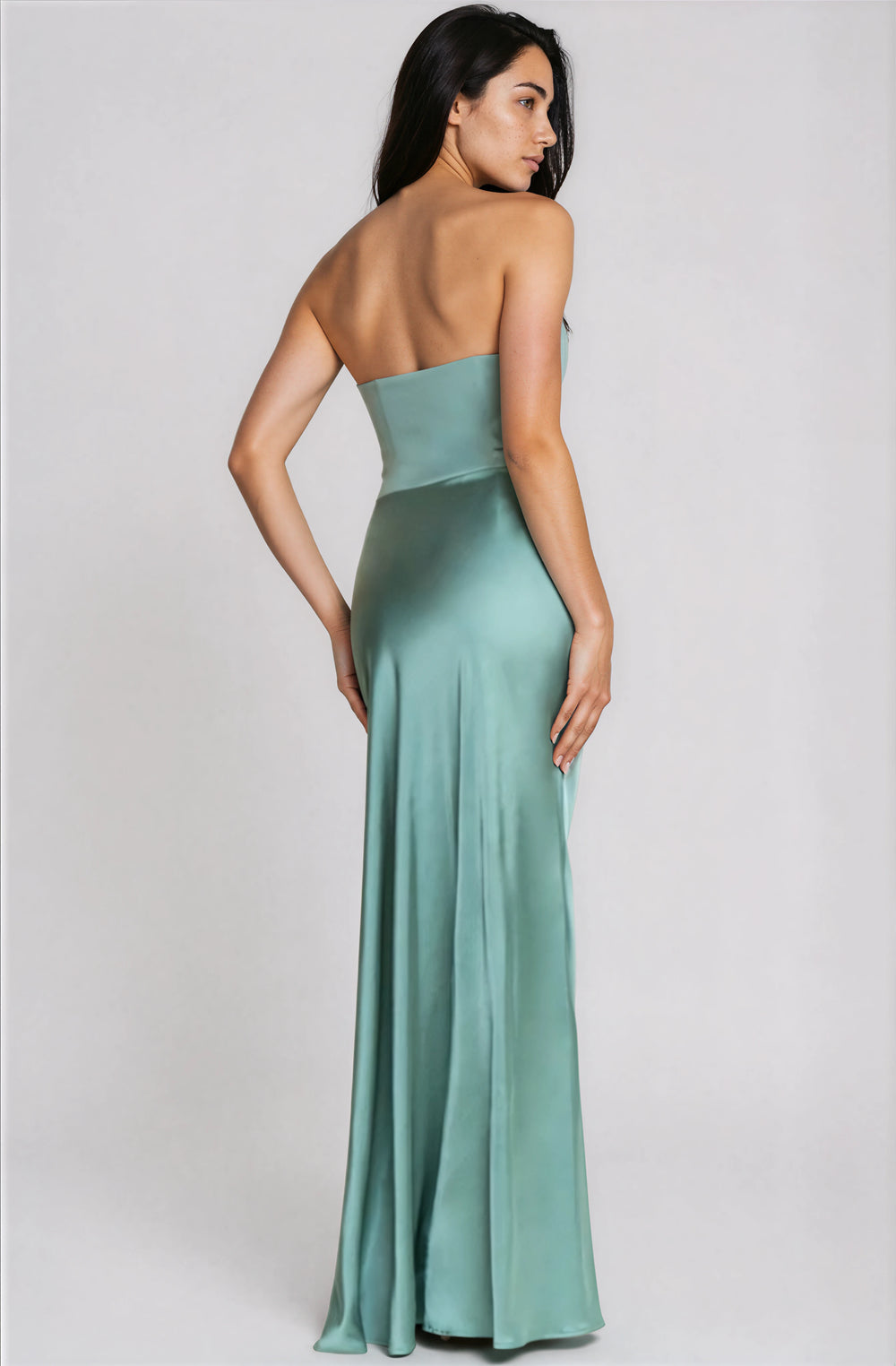 mint green strapless gown with fitted bodice and satin skirt