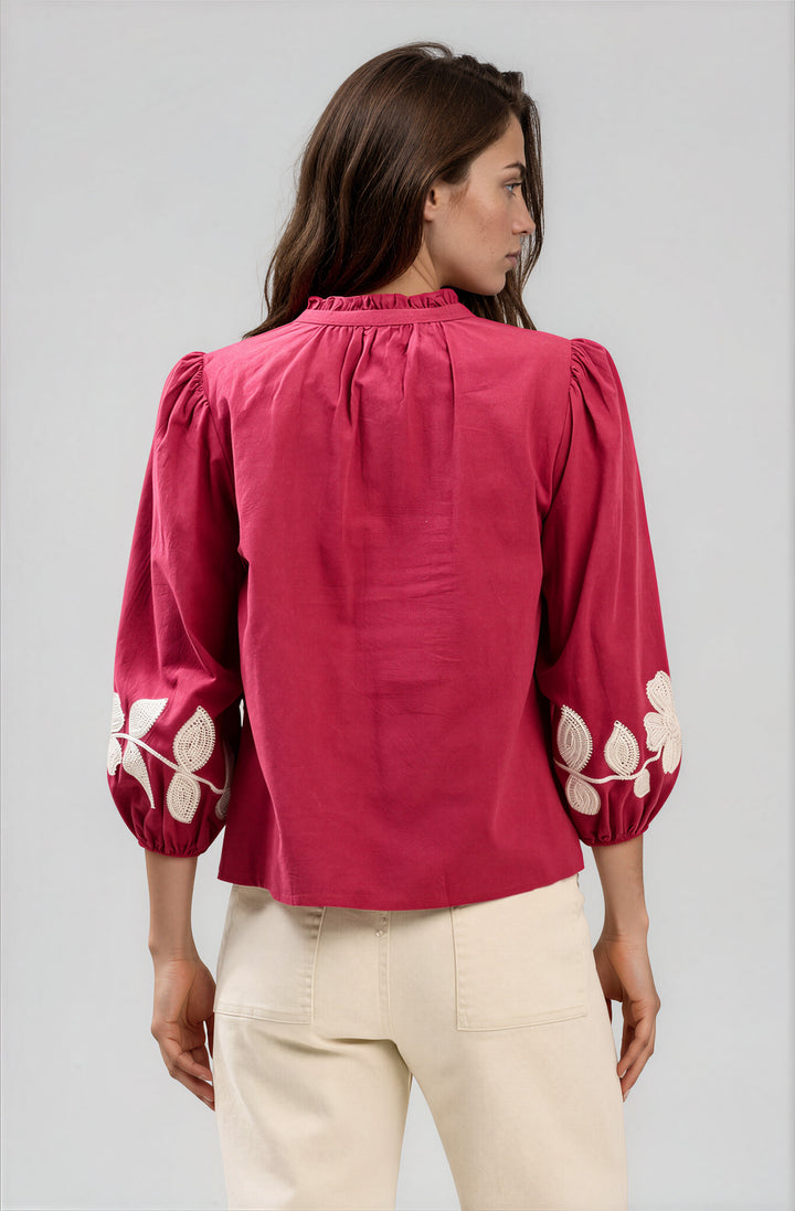 pink cotton blouse with white floral detail back view
