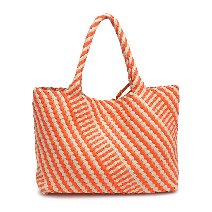 Orange and white striped tote bag on a white background