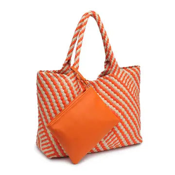 Orange and white striped tote bag with a matching pouch on a white background