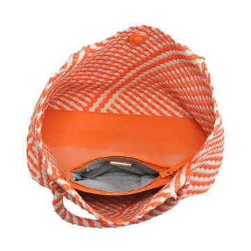 Orange helmet with a red and white rope design on a white background