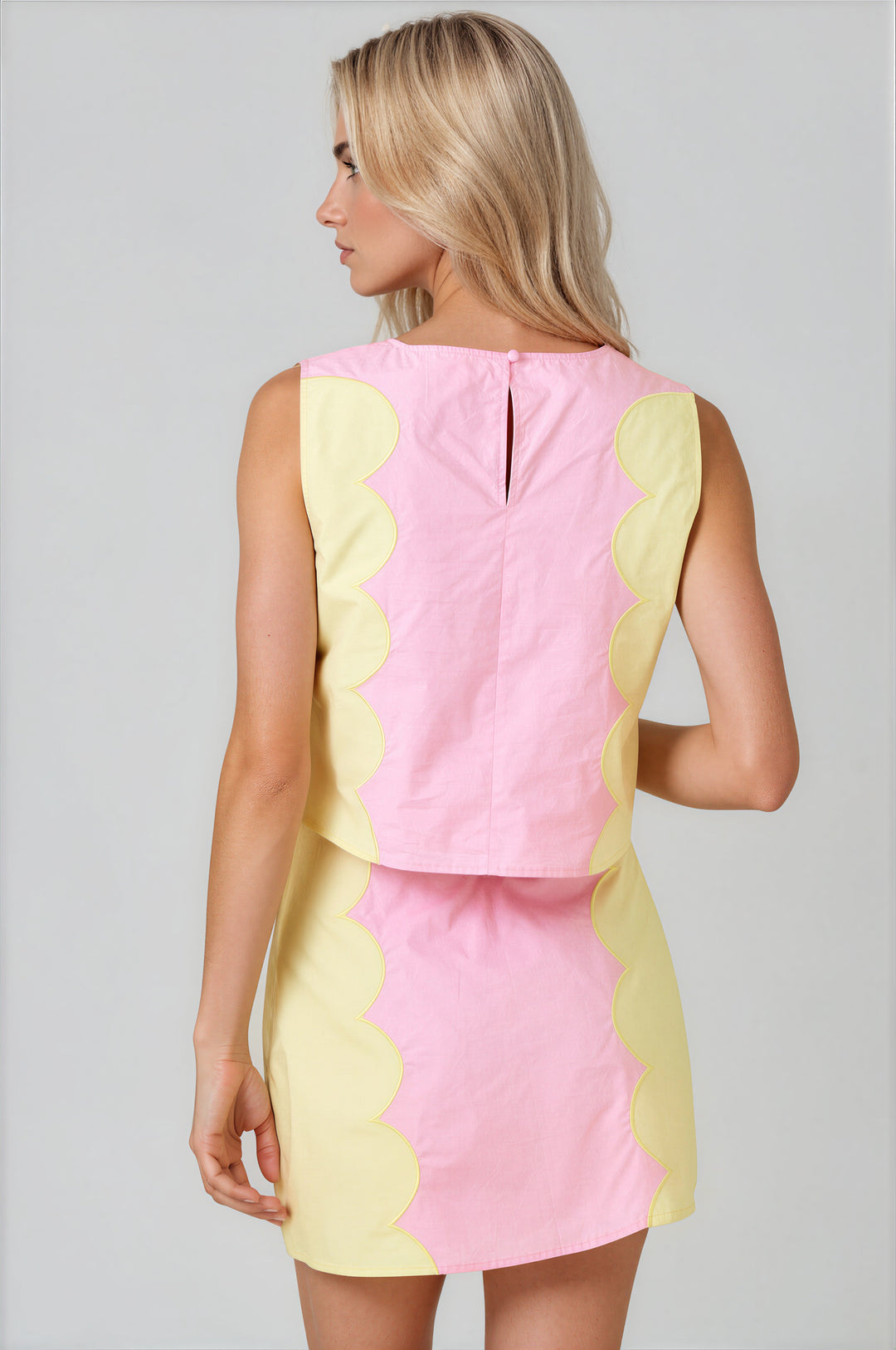 Pink color block skirt set with yellow scalloped contrast panels