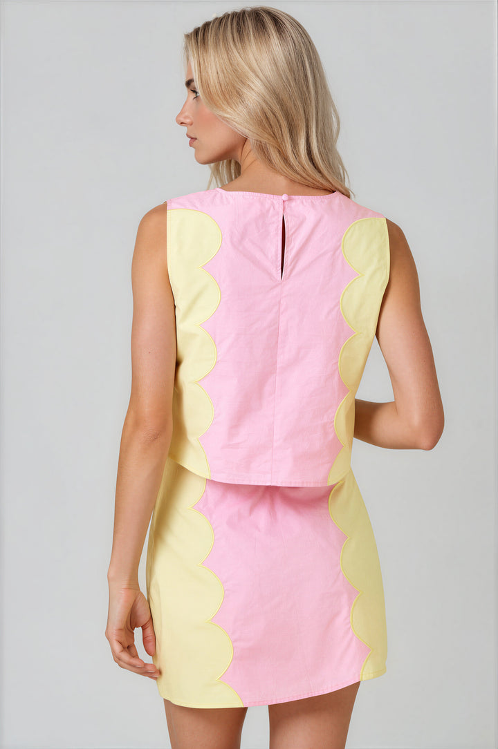 Pink color block skirt set with yellow scalloped contrast panels