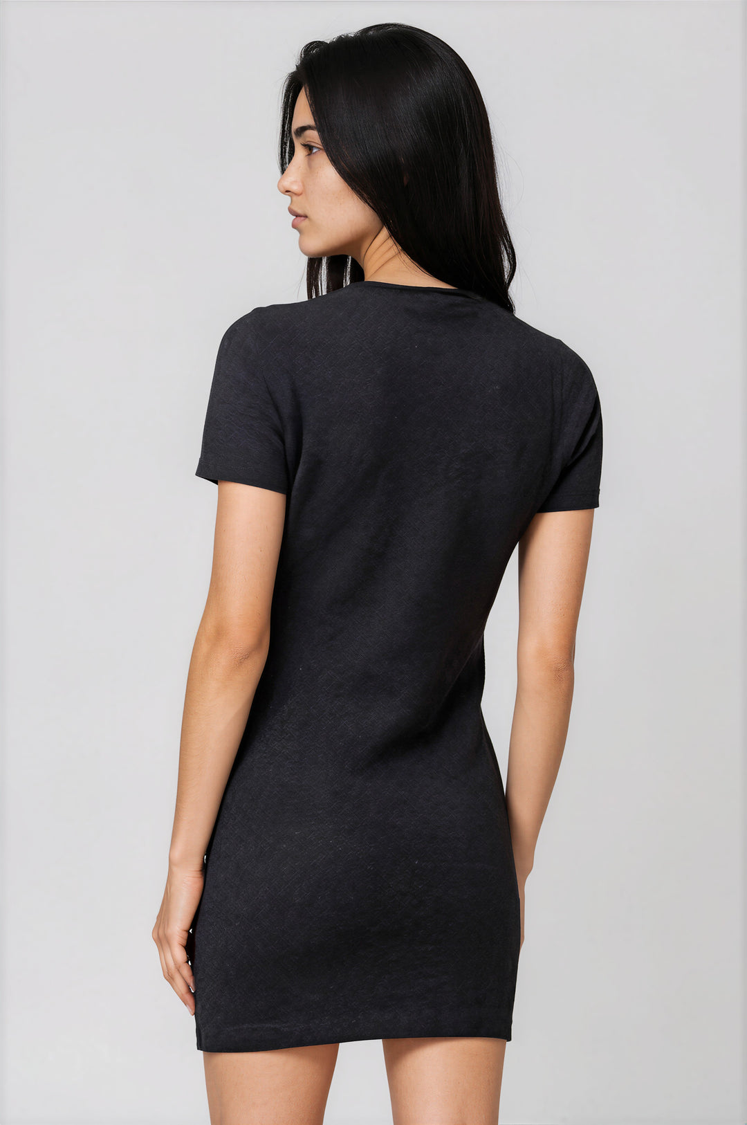 dark gray short sleeve mini sweater dress back view