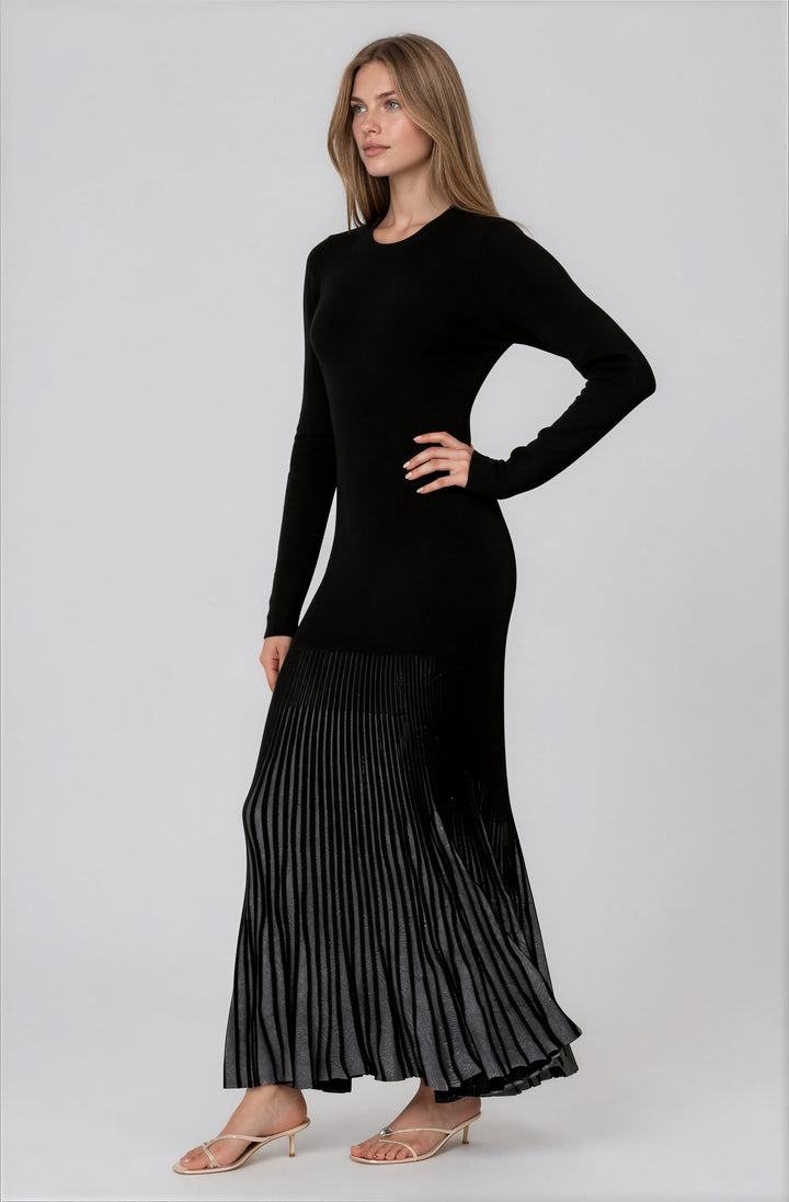 long sleeve black sweater maxi dress with silver pleated skirt detail