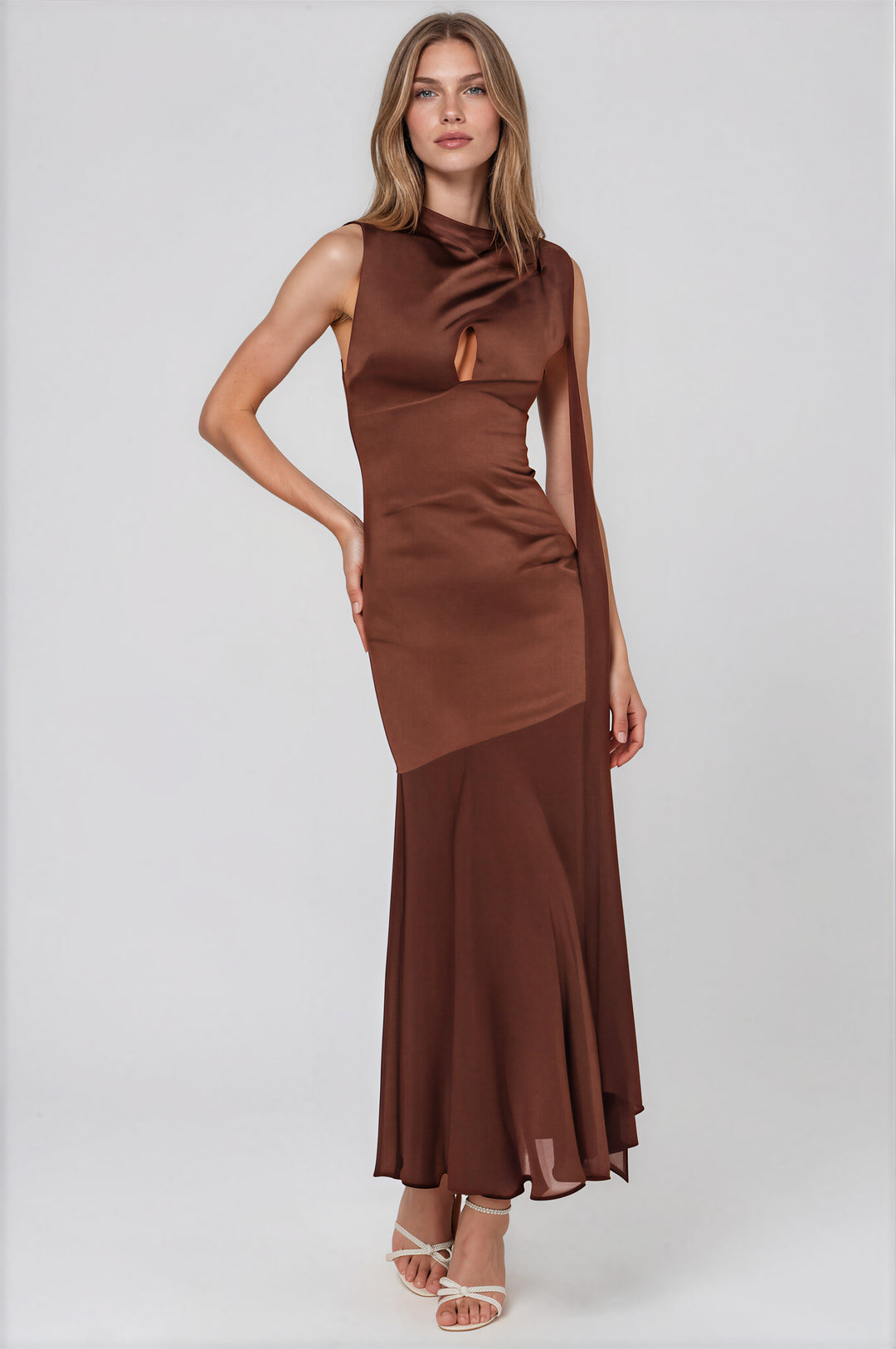 Chocolate satin gown with high neck and ruched bodice on model