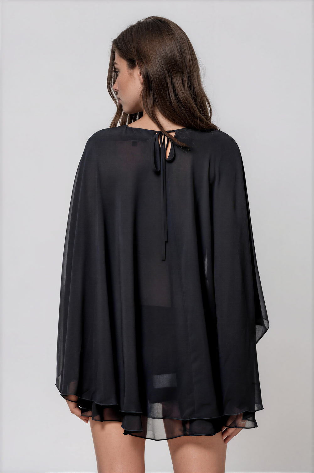 Black sheer cropped cape top with dramatic layered sleeves