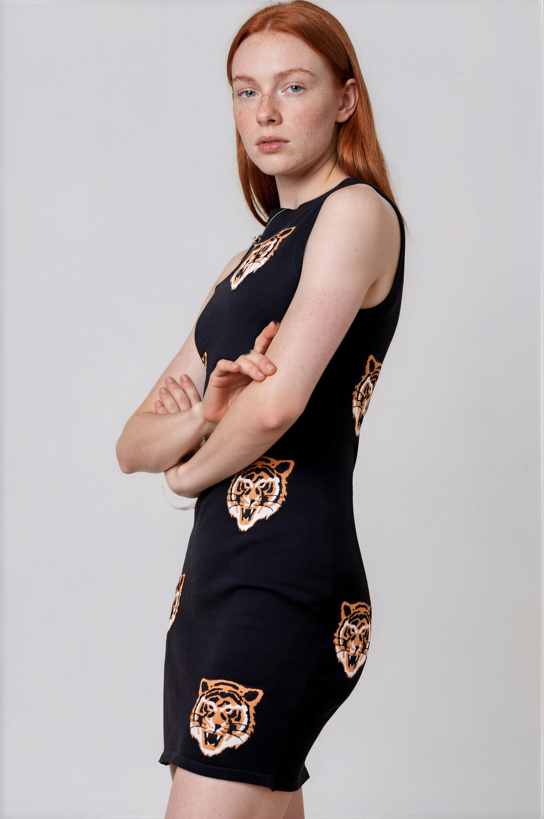 Black tiger embroidered knit game day sweater mini dress