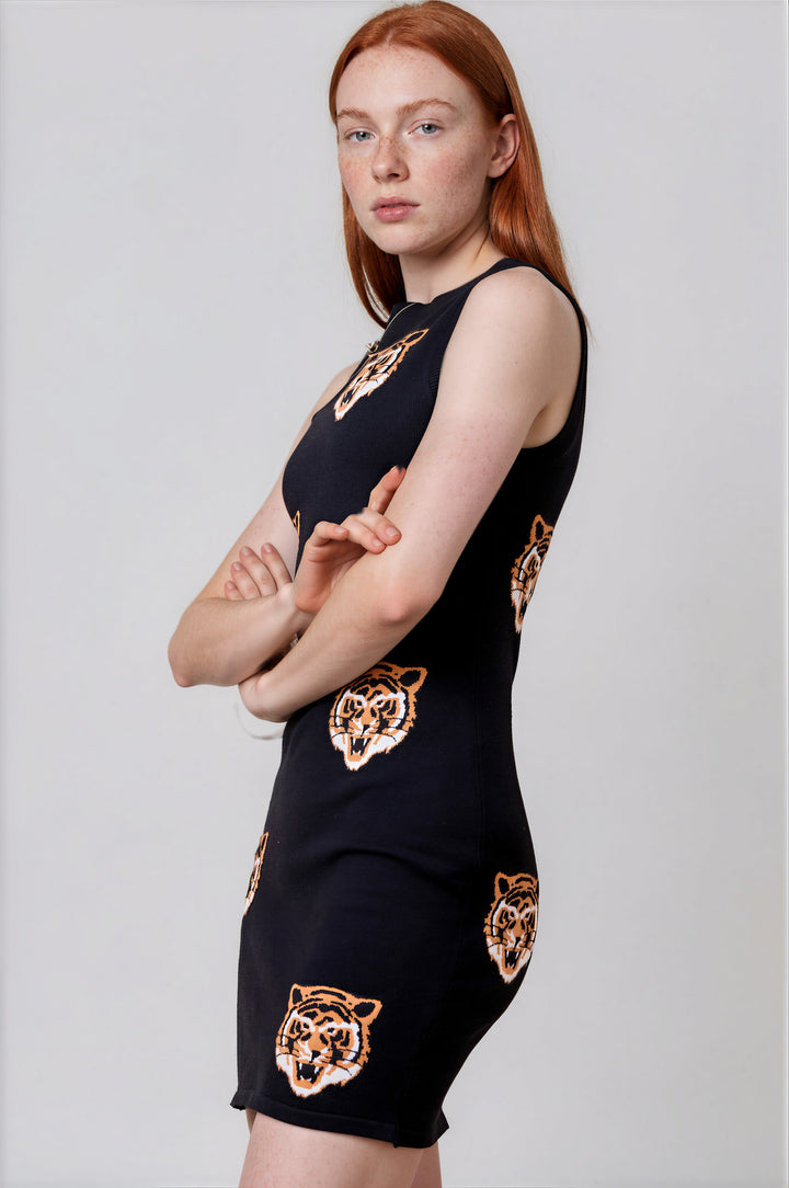 Black tiger embroidered knit game day sweater mini dress