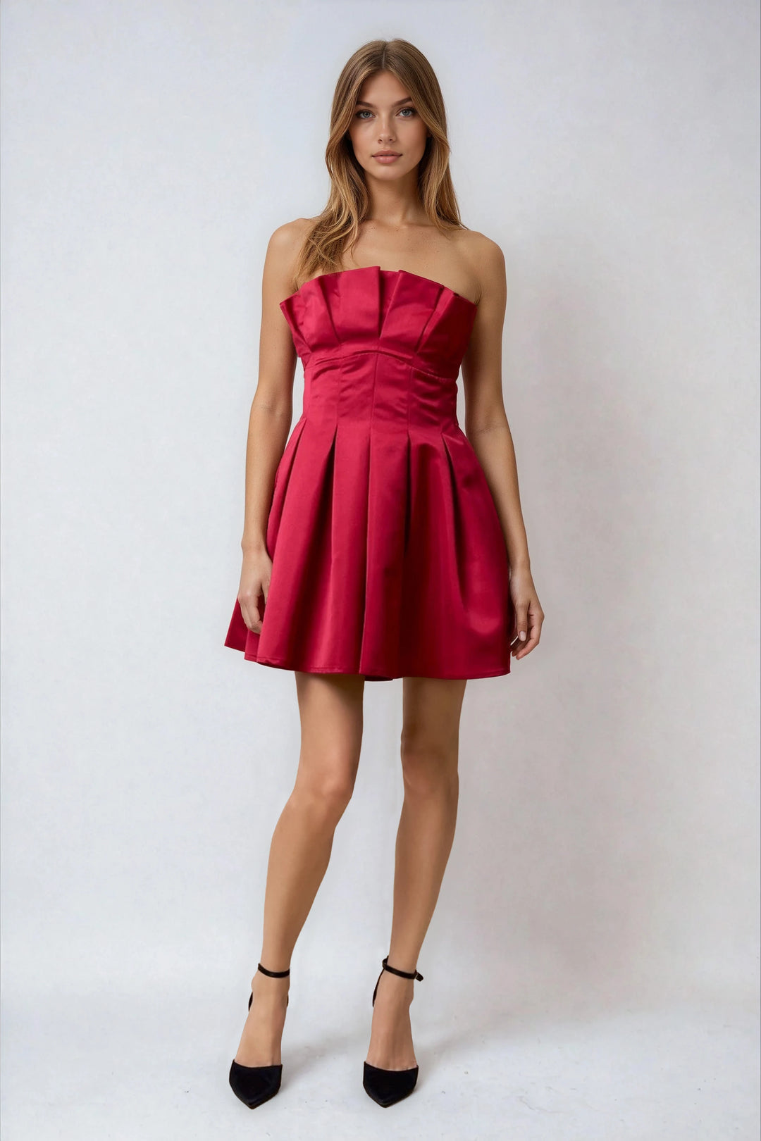 Red Satin Strapless Mini Dress with Flared Pleated Skirt Red Satin Strapless Mini Dress with Flared Pleated Skirt