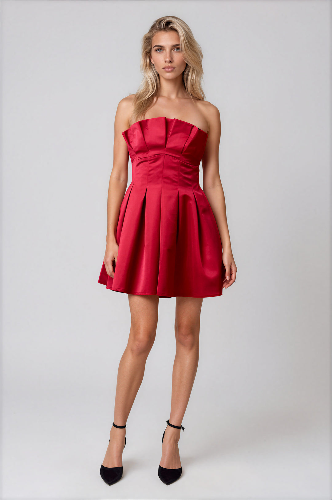 red strapless flared mini dress with pleating for holidays