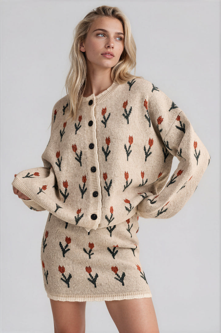 Grey tulip-print knit set with a button-down cardigan and mini skirt, front view