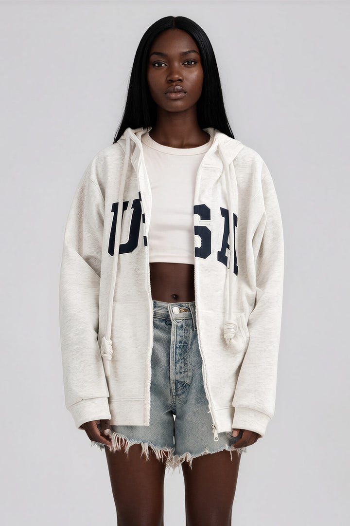 light gray oversized USA zip up hoodie
