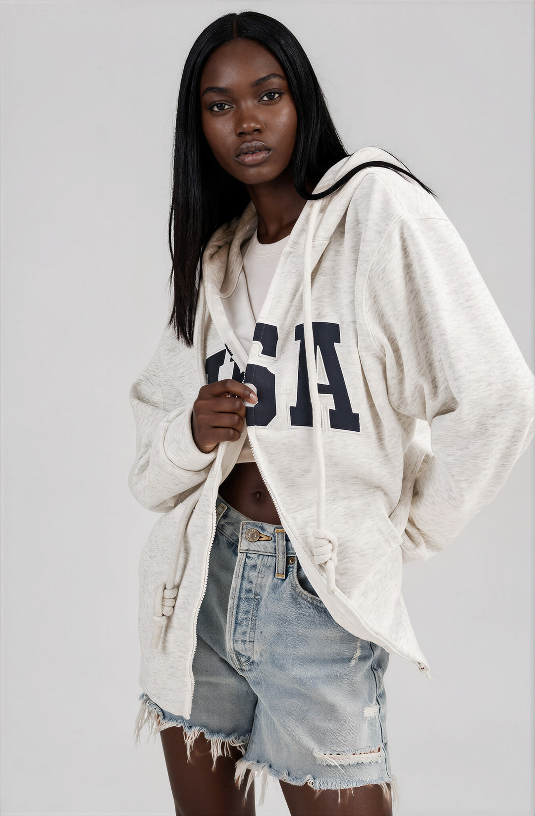 light gray oversized USA zip up hoodie