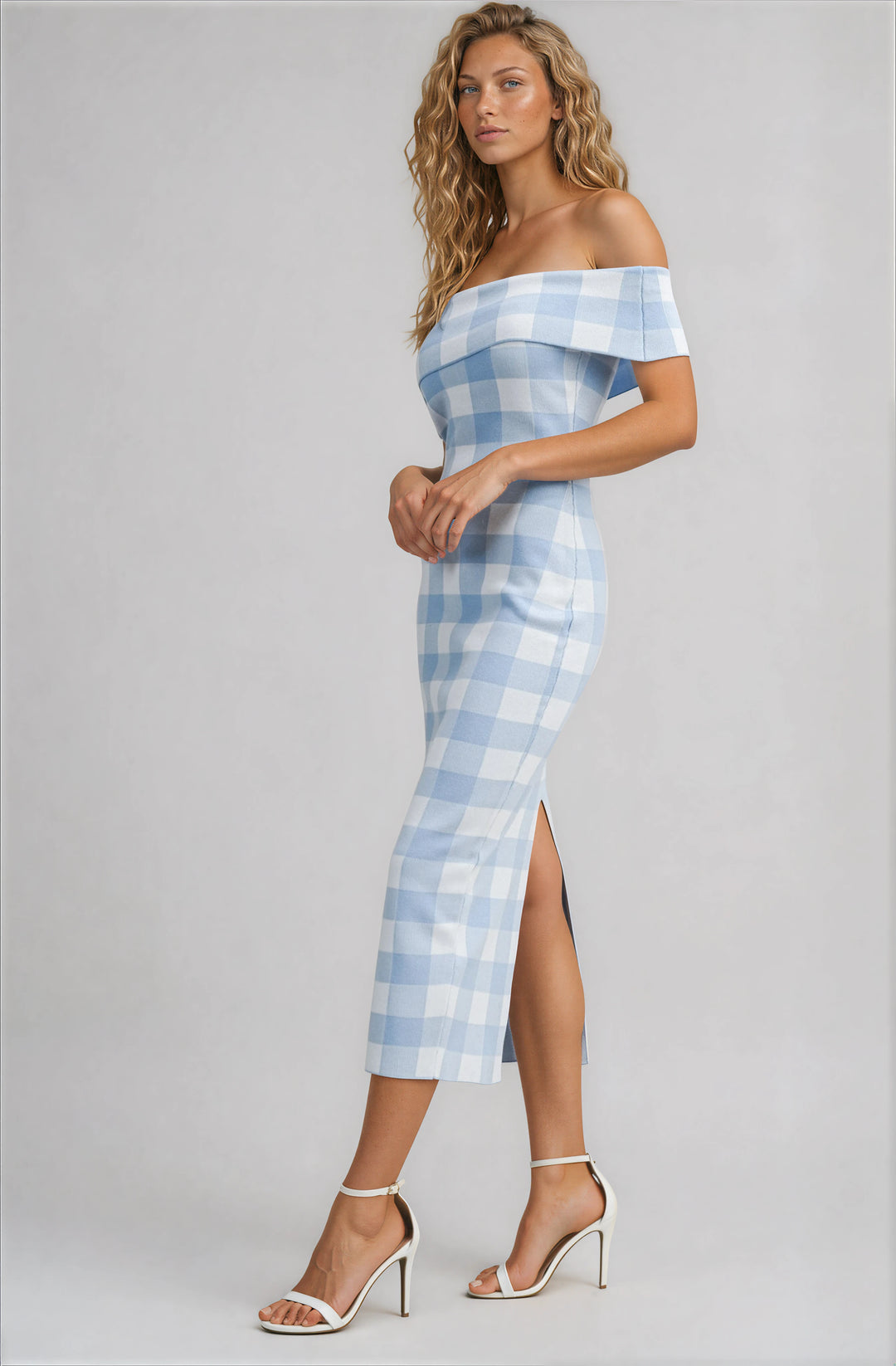 Blue and White Gingham Off Shoulder Midi Dress – The Salient Collection