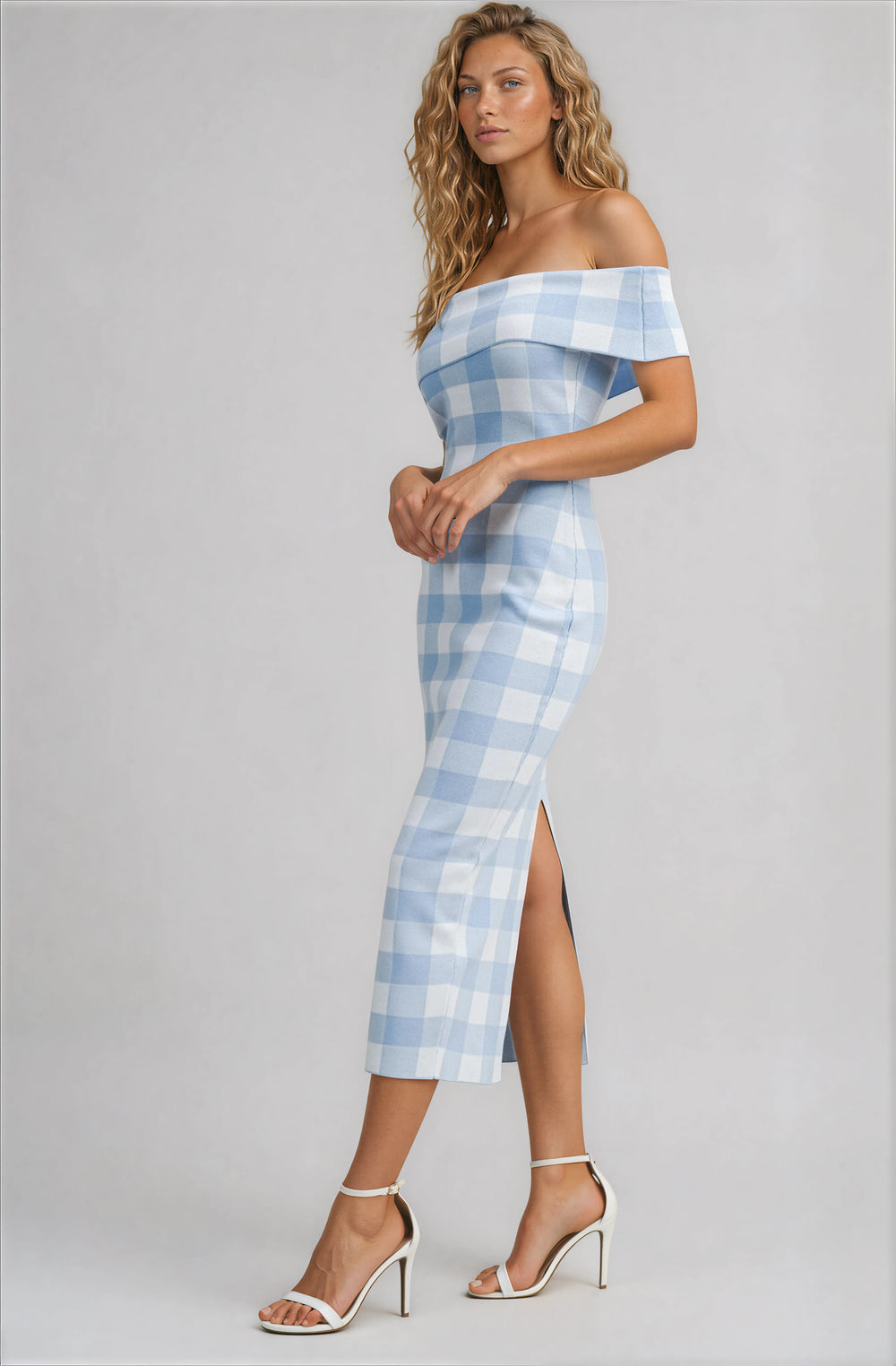 blue and white gingham off shoulder midi dress