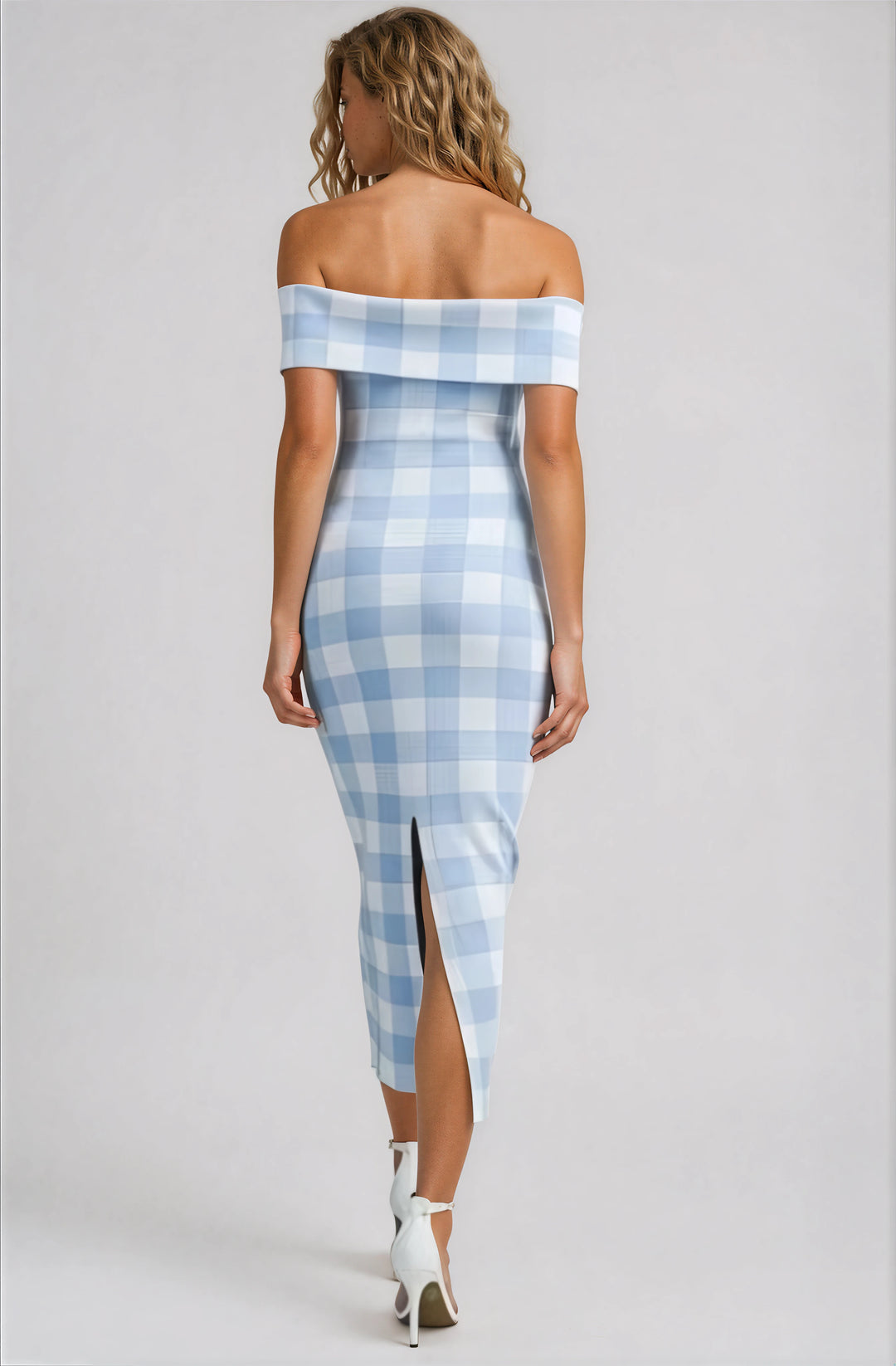 Blue and White Gingham Off Shoulder Midi Dress – The Salient Collection