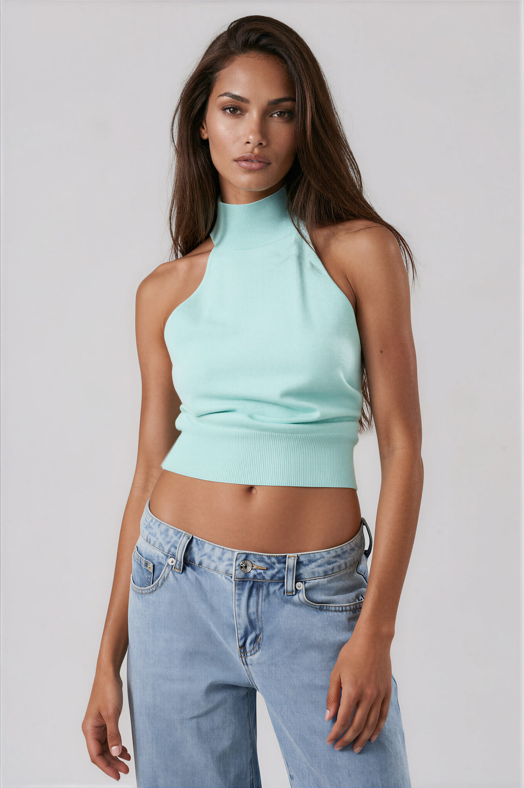 Mint ribbed mock neck sleeveless sweater knit top
