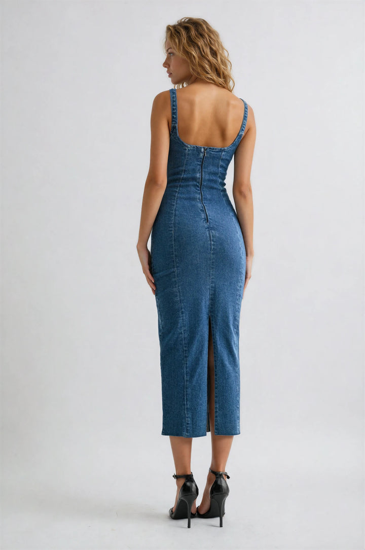 sleeveless denim fitted midi dress for summer back view