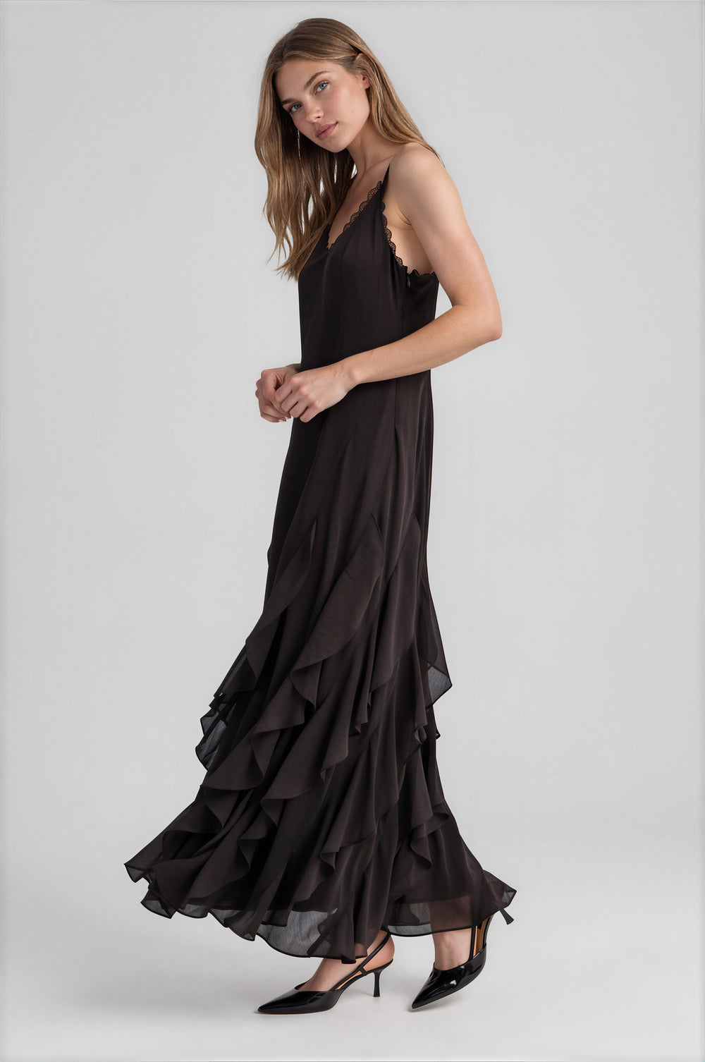 Chocolate ruffled maxi dress with scalloped lace trim and cascading ruffles