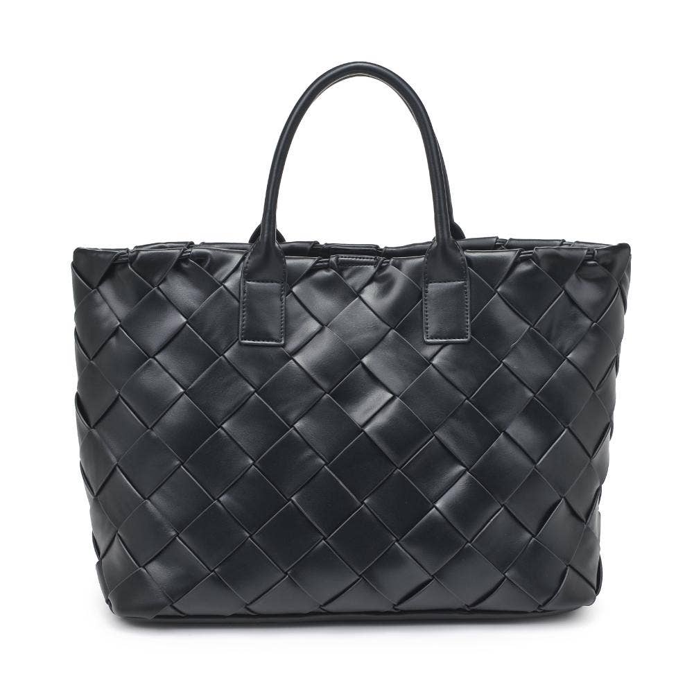 Black woven handbag on a white background