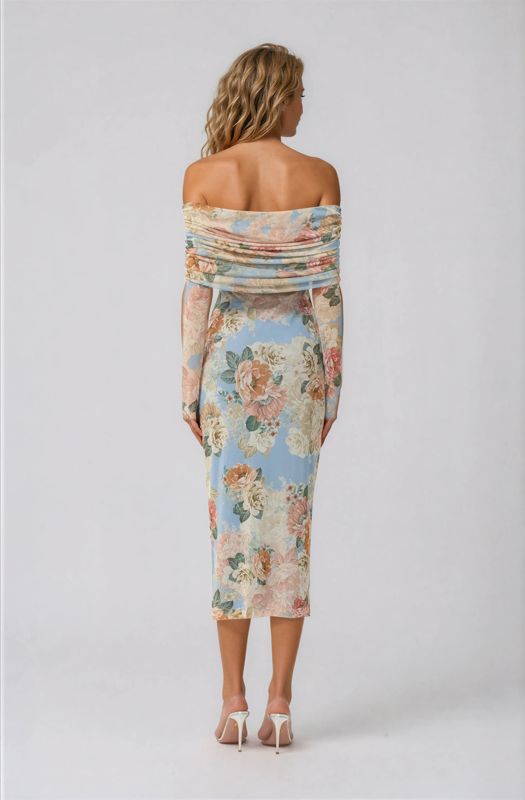 AFRM light blue floral mesh midi dress with off the shoulder neckline and long sleeves back view