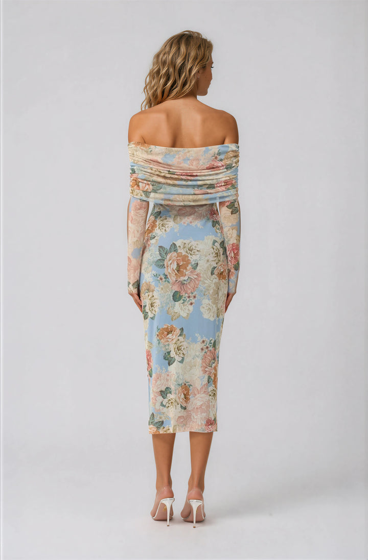 AFRM light blue floral mesh midi dress with off the shoulder neckline and long sleeves back view