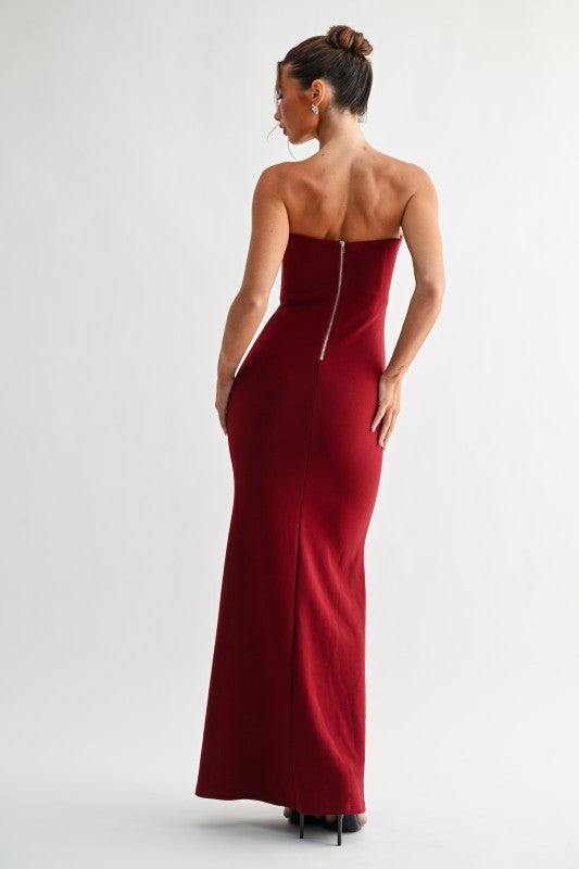 adrianna dress on model back view red strapless embellished gown