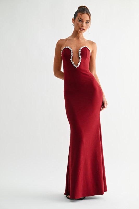 adrianna dress on model front view red strapless embellished gown