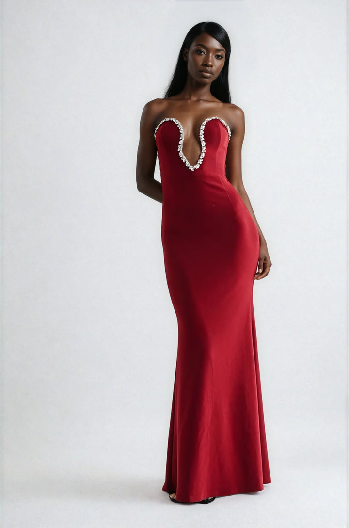 adrianna dress on model front view red strapless embellished gown