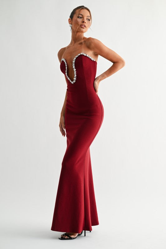 adrianna dress on model side view red strapless gown with embellishments