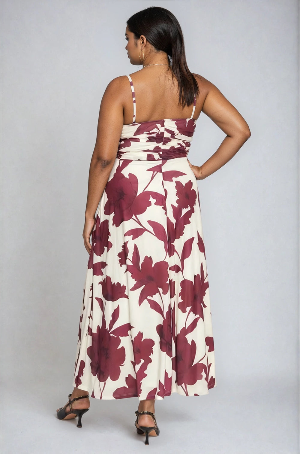 amara dress on model burgundy plus size strapless midi dress back view