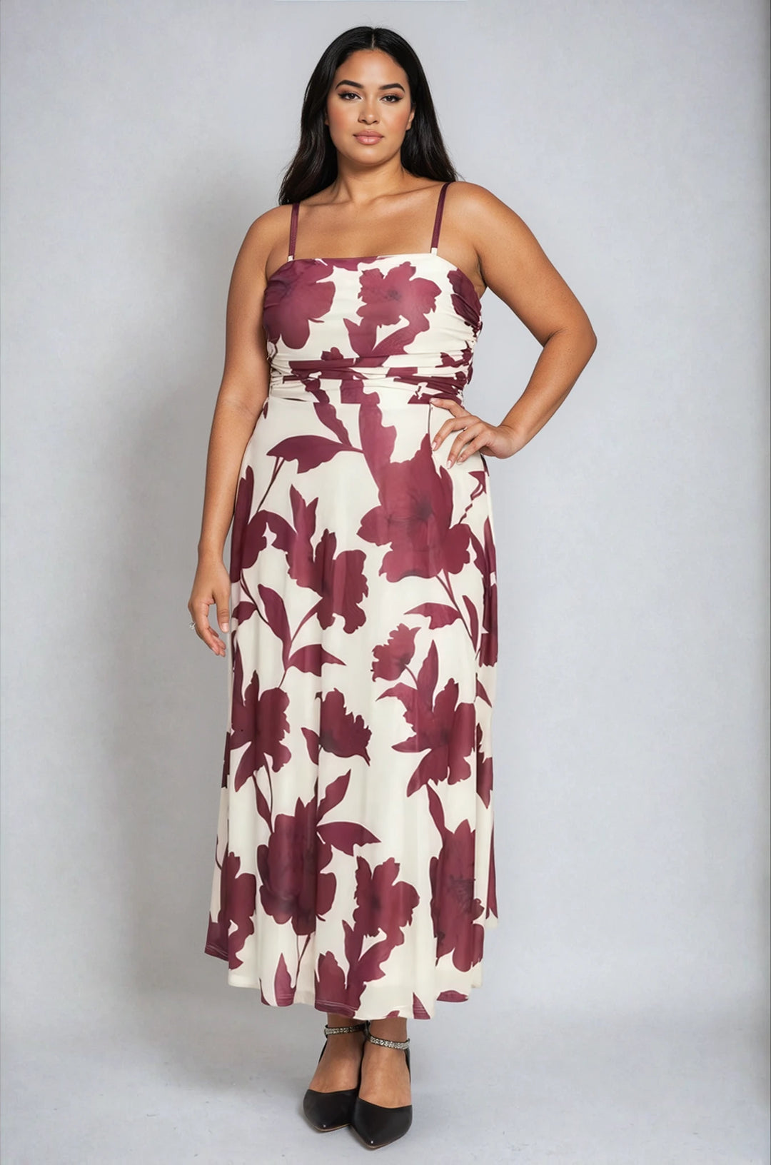 amara dress on model burgundy plus size midi dress front view