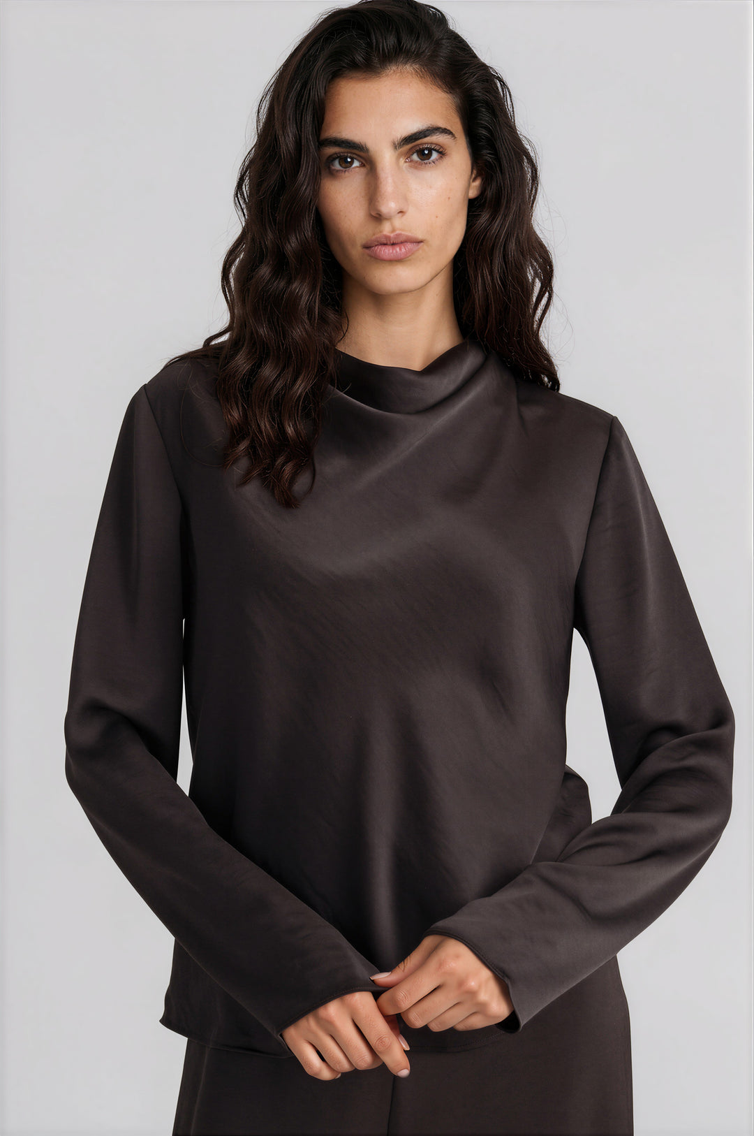 Chocolate satin blouse with a draped cowl neckline, front view