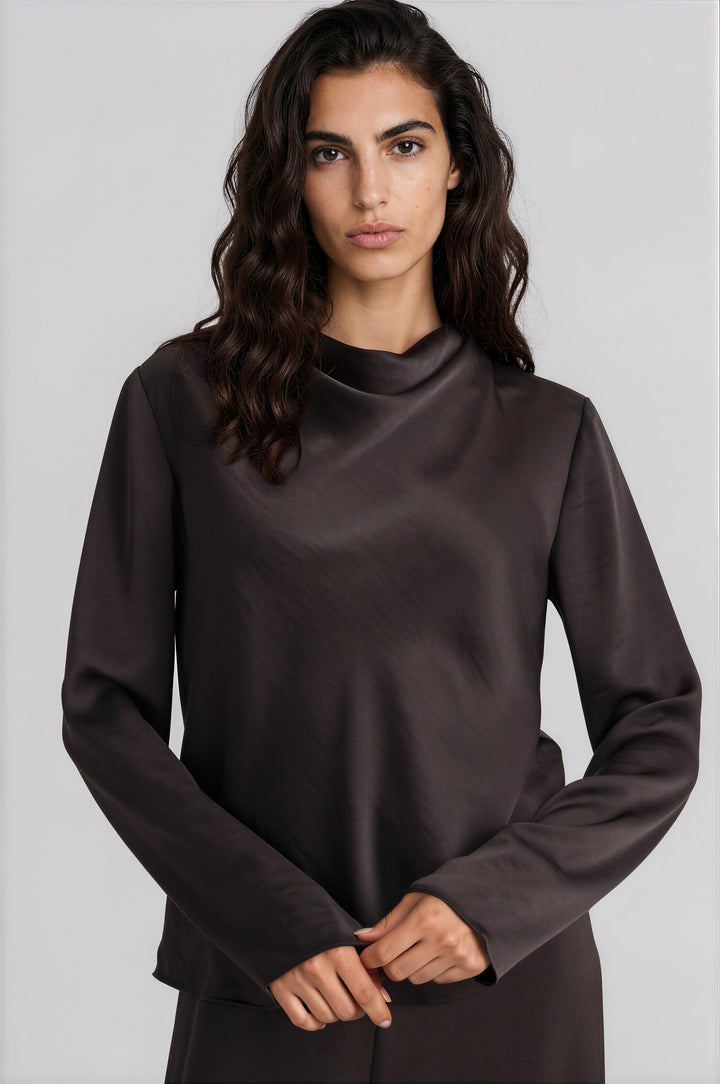 Chocolate satin blouse with a draped cowl neckline, front view