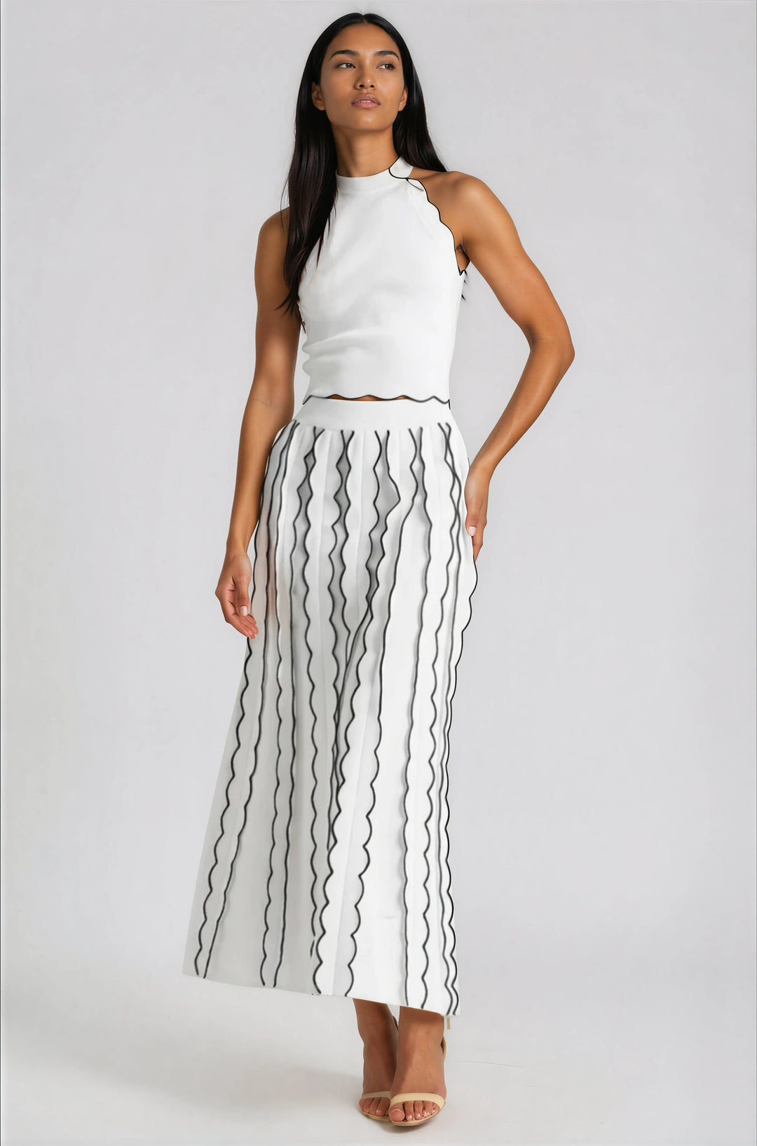 white and black matching skirt set