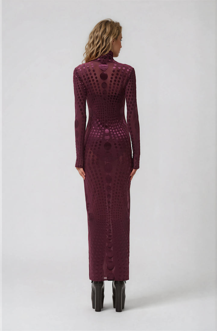 AFRM burgundy fitted velvet and mesh maxi dress with turtleneck back view