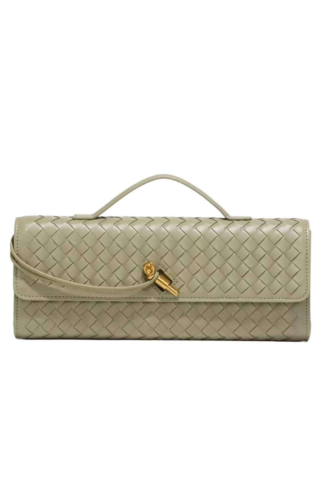 Sage handwoven baguette clutch handbag with gold twist lock