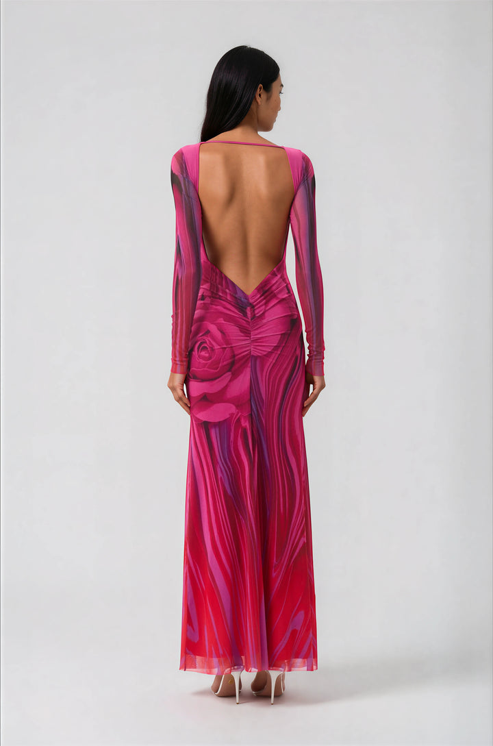 pink floral long sleeve maxi dress with low back