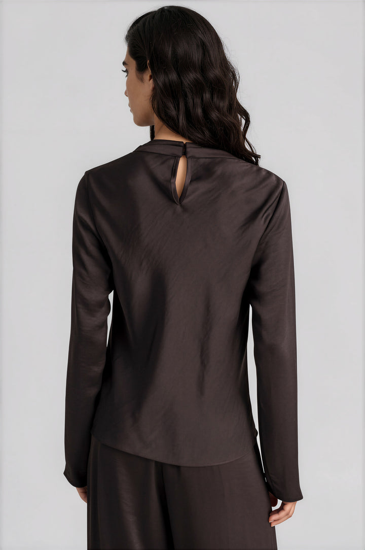 Chocolate satin blouse with a keyhole back, back view