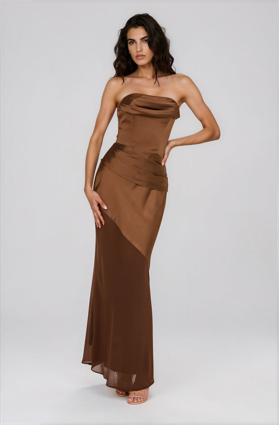 brown strapless satin gown with ruched detail for formal events