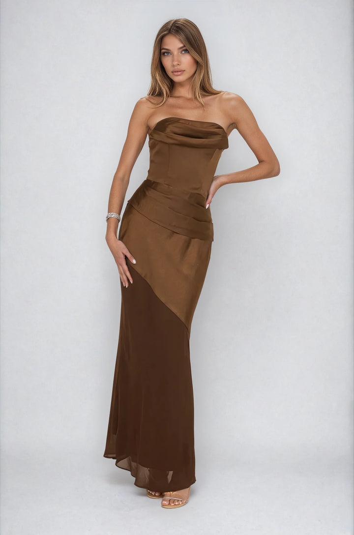 betsy gown on model chocolate front view asymmetrical skirt gown